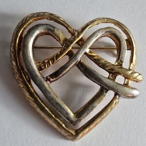 Vintage pretzel heart brooch pin silver and gold tone valentines day broach